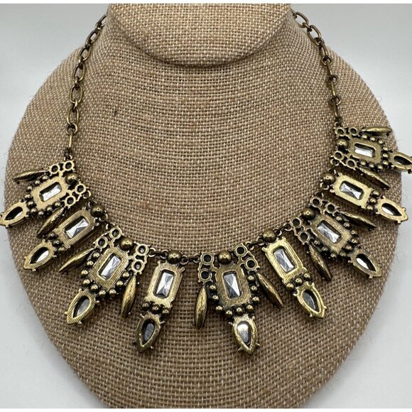 J Crew Necklace Shimmering Rhinestone Moonstone Chunky Gold Tone - Picture 7 of 9